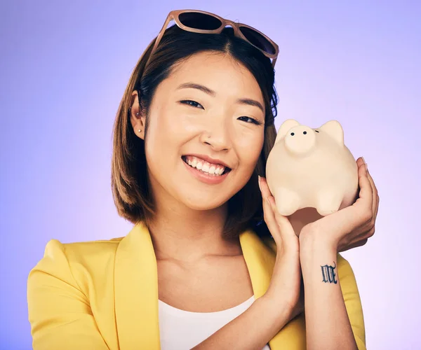 Piggy Bank Financiën Portret Vrouw Met Spaargeld Investeringen Blij Voor — Stockfoto