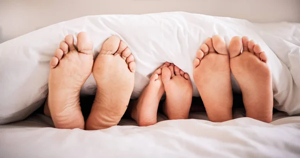 Ráno Spolu Spí Nohy Rodina Leží Posteli Odpočívají Svém Domově — Stock fotografie