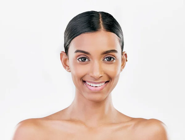 Краса Обличчя Портрет Щаслива Жінка Природним Доглядом Шкірою Ізольовані Білому — стокове фото