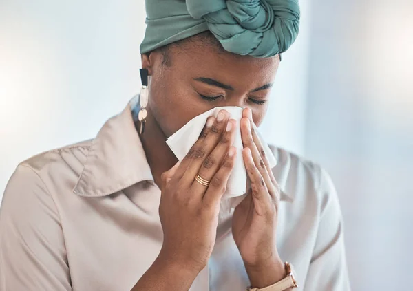 Irodai Orrfújás Vagy Beteg Fekete Szövet Influenza Vagy Munkavállaló Egészségügyi — Stock Fotó