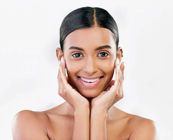 Skin Beauty Face Portrait Happy Woman Natural Glow Isolated White — Stock Photo, Image