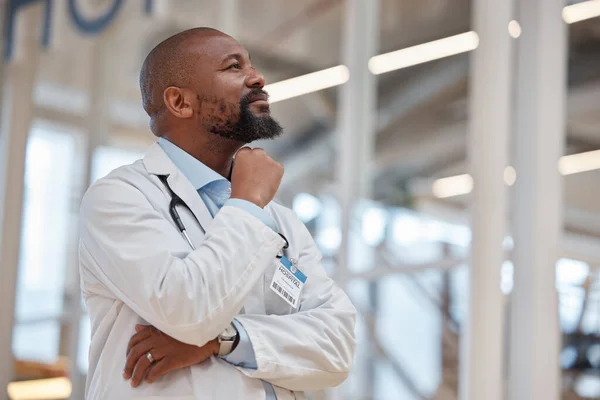 Pensamento Médico Hospital Homem Negro Planejando Projeto Médico Inspiração Saúde — Fotografia de Stock