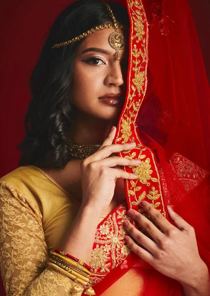Portrait, Celebration and Indian Woman with Fashion, Traditional Dress and  Jewellery Against a Red Studio Background Stock Image - Image of  confidence, dress: 282585687