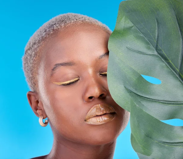Makijaż Roślina Czarna Kobieta Niebieskim Tle Dla Estetyki Wellness Twarz — Zdjęcie stockowe