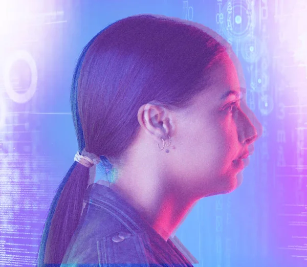 Neon Hologramm Bildschirm Und Frauengesicht Studio Für Cyberpunk Metaverse Und — Stockfoto
