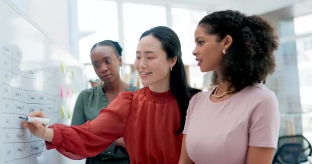Şbirliği Strateji Ticaret Pazarlamacıyla Vizyon Tahtasında Beyin Fırtınası Yapan Kadınlar — Stok video