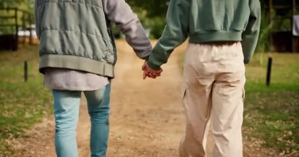 Spatele Cuplului Ținându Mâini Mergând Calea Grădină Pentru Dragoste Îngrijire — Videoclip de stoc