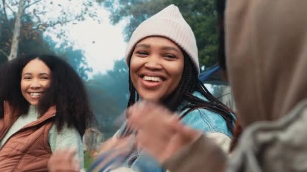 Camping Konverzace Dívka Přátelé Mluví Přírodě Zimní Víkend Výlet Nebo — Stock video