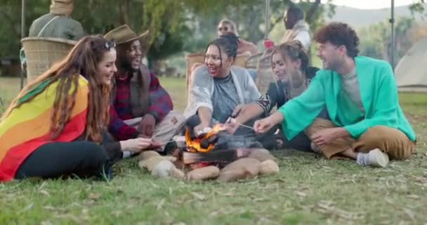 Vrienden Kamperen Festival Met Marshmallow Vuur Geluk Vrijheid Plezier Openlucht — Stockvideo