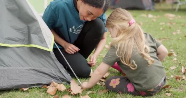 Çocuk Kamp Danışmanı Çadır Kamp Yaparken Doğa Gülümseme Hayatta Kalma — Stok video