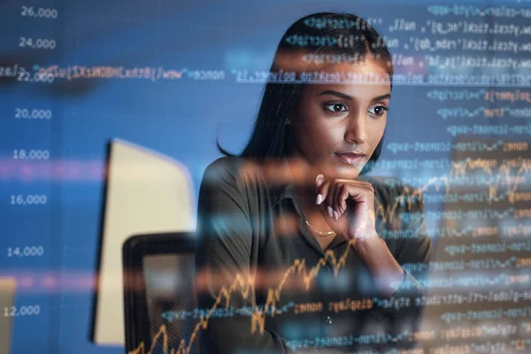 Computadora Holograma Código Mujer Pensando Análisis Datos Tecnología Información Superposición —  Fotos de Stock