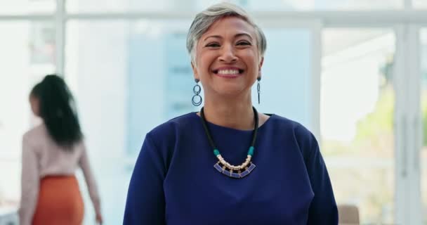 在繁忙的办公室 创业公司或工作场所面对 控制和资深女性 以职业 工作和商业为荣的企业家 经理和领导人的老年专业 创造性的肖像和微笑 — 图库视频影像