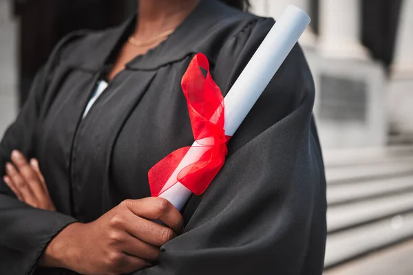 University Graduation Certificate Student Arms Crossed Campus Confident Her Achievement — Stock Photo, Image