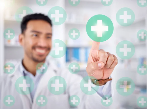 Homem Farmacêutico Mão Saúde Com Cruz Holograma Feliz Escolha Com — Fotografia de Stock