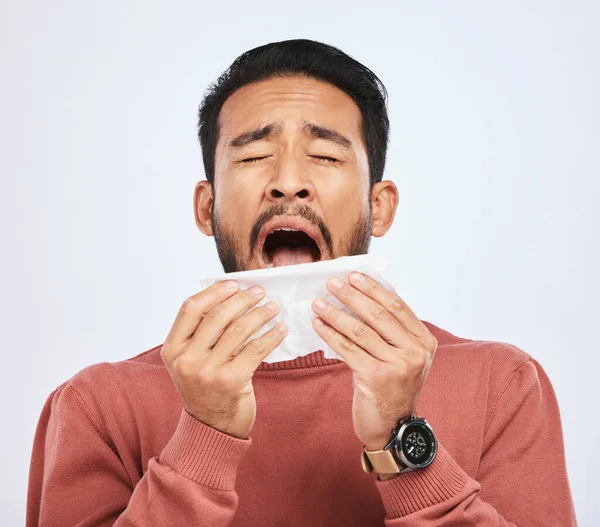 Allergy Sneeze Asian Man Sick Tissue Studio Grey Background Cold — Stock Photo, Image