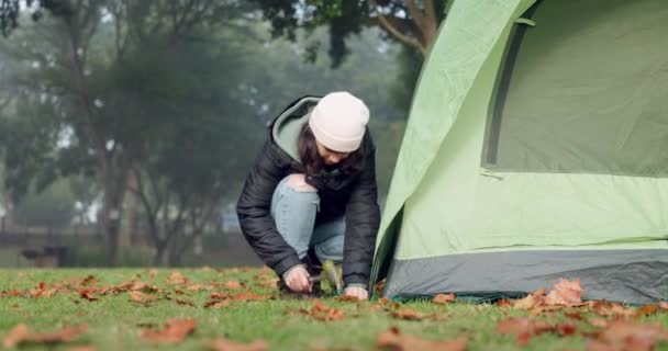 Camping Przyroda Kobieta Namiotem Ustawione Schronienia Podczas Wakacji Zimie Podróż — Wideo stockowe