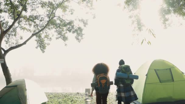 朋友们 回来远足大自然 野营和轮廓在雾中冒险 度假和旅行在一起 背包和散步 早上去露营 外出度假和徒步旅行 — 图库视频影像