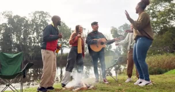 篝火和吉他 在大自然 森林或公园里一起歌唱 跳舞和快乐 共度佳节 为自由而兴奋 为音乐 休息和度假而在火边聊天和露营 — 图库视频影像