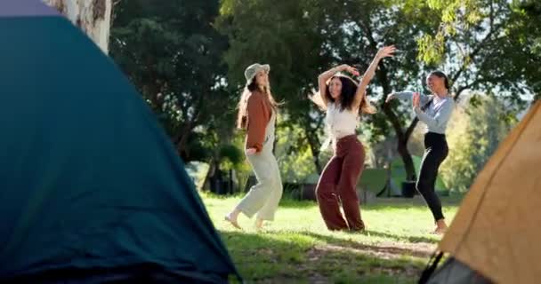 キャンプ エネルギー 女の子の友人は プレイリストやアルバムに自然の森の中で一緒に踊る 週末旅行で屋外の森の中で歌に移動し ジャンプし 幸せな自由と若い女性 — ストック動画