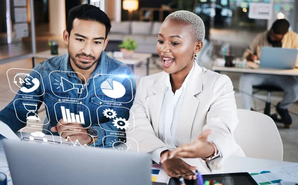 stock image Business man, woman and laptop with hologram dashboard, app ux and web design for seo in startup office. Tech company, developer partnership and excited to show futuristic holographic ui on computer.