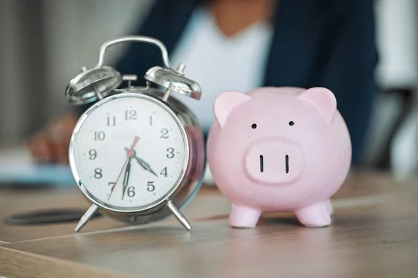 Piggy Bank Clock Business Person Writing Financial Info Budget Savings — Fotografia de Stock