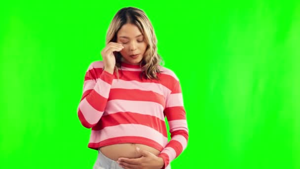 Embarazada Dolor Mujer Con Estrés Pantalla Verde Estudio Con Ansiedad — Vídeos de Stock