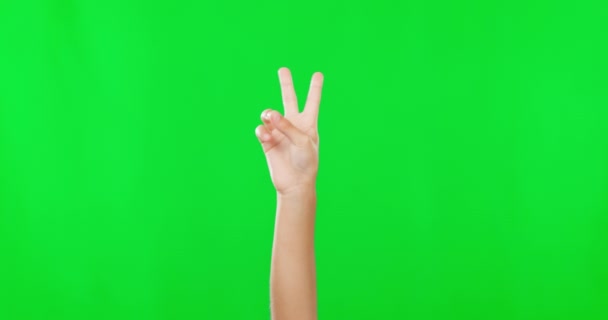 Manos Pantalla Verde Primer Plano Signo Paz Estudio Para Lenguaje — Vídeos de Stock