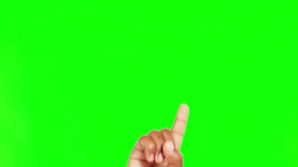 Finger Punkt Och Grön Skärm Närbild Studio Med Fråga Riktning — Stockvideo