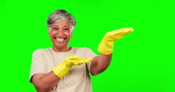 Πράσινη Οθόνη Ανώτερο Πρόσωπο Και Ευτυχισμένη Γυναίκα Χειρονομία Στον Καθαρισμό — Αρχείο Βίντεο