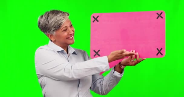 Бізнес Зелений Екран Жінка Показують Бульбашку Мовлення Оголошення Голосу Або — стокове відео