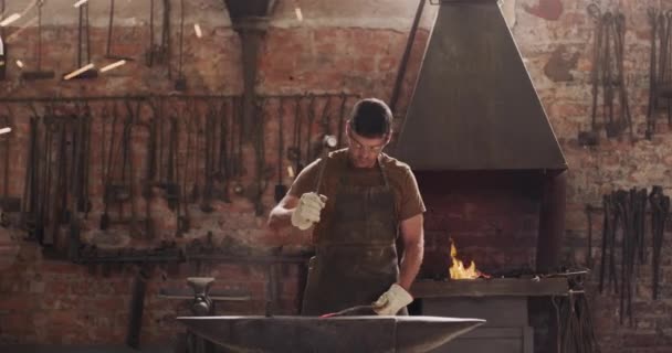 Schmied Feuer Und Mann Mit Hammer Auf Amboss Der Werkstatt — Stockvideo