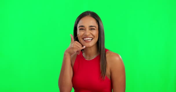 Zielony Ekran Gest Telefonu Zadzwoń Mnie Szczęśliwej Kobiety Ikoną Emoji — Wideo stockowe