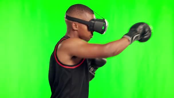 Человек Бокс Виртуальная Реальность Видеоигры Зеленый Экран Фитнесом Метаверсом Футуристическими — стоковое видео