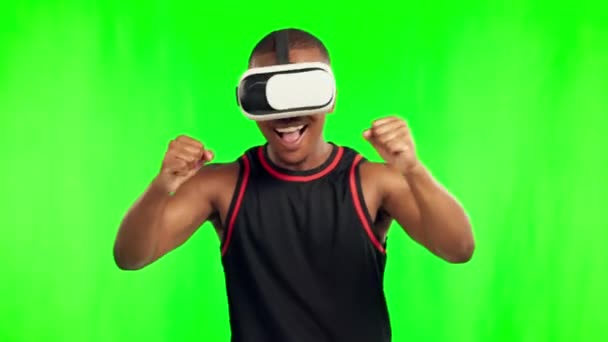 African Man Green Screen Virtual Reality Glasses Studio Surprise Metaverse — Stock Video