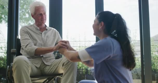 Verpleegster Oudere Man Huis Met Rolstoel Praten Vriendelijkheid Met Glimlach — Stockvideo
