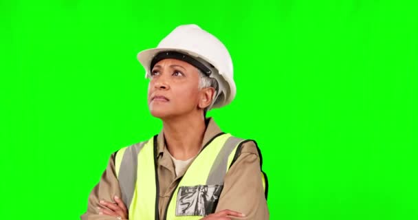 Trabajadora Construcción Pantalla Verde Mujer Mayor Seria Pensando Ideas Para — Vídeos de Stock