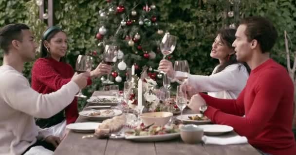 Празднование Рождество Группа Вместе Напитками Праздник Праздничная Вечеринка Шампанское Друзьями — стоковое видео