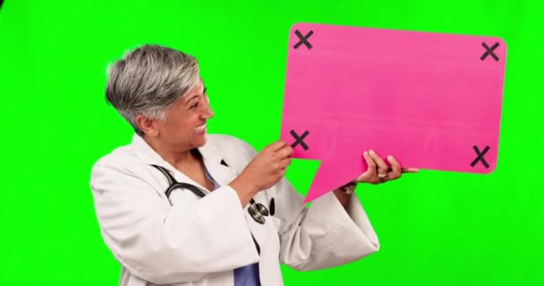 Zielony Ekran Twarz Starszej Kobiety Lub Szczęśliwa Bańka Mowy Lekarza — Wideo stockowe