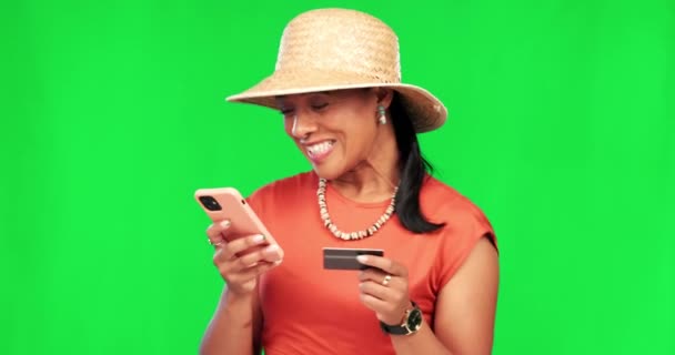 Tela Verde Telefone Mulher Animada Com Cartão Crédito Ganhando Dinheiro — Vídeo de Stock