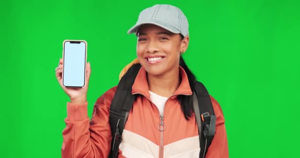 Studente Donna Telefono Schermo Verde Con Viso Sorriso Cenno Accordo — Video Stock