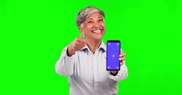 Teléfono Pulgares Hacia Arriba Mujer Pantalla Verde Con Presentación Maqueta — Vídeos de Stock
