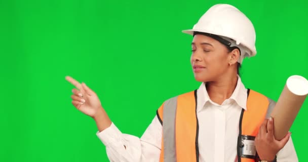 Arquitecta Mujer Punto Pantalla Verde Para Sonreír Cara Elección Lista — Vídeo de stock