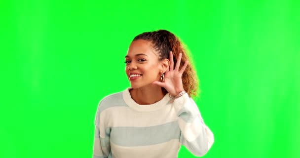 Жінка Чути Говорити Голосніше Знак Зеленим Екраном Секретні Новини Посмішкою — стокове відео