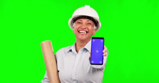 Grön Skärm Telefon Eller Senior Glad Kvinna Med Arkitekt Promo — Stockvideo