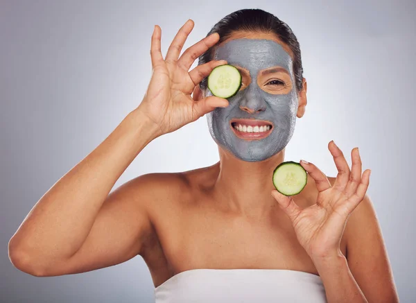 Portrait Cucumber Mask Model Woman Studio Gray Background Antiaging Facial — Stock Photo, Image