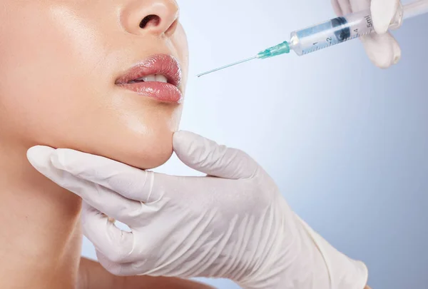 Mund Botox Und Plastische Chirurgie Mit Den Händen Auf Dem — Stockfoto