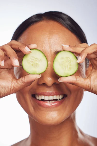 Cucumber Face Skincare Happy Woman Studio White Background Aesthetic Shine — Stock Photo, Image