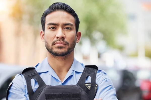 Portré Komoly Rendőr Biztonsági Védelmi Szolgálat Biztonság Járőr Városban Bűnüldözés — Stock Fotó