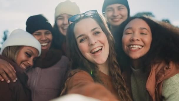 自撮り 幸せな友人やキャンプの冒険のグループ 多様性と友情と一緒に抱擁 自然キャンプで顔 女性に笑顔でリラックスし 笑いと屋外の冬の休暇 — ストック動画