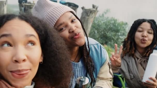 Selfie Video Pace Con Gli Amici Del Campeggio Insieme Nella — Video Stock